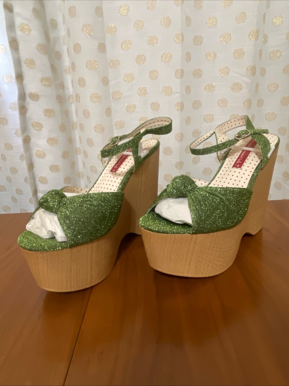 Green Glitter Platform Wedge Sandals with Ankle Strap